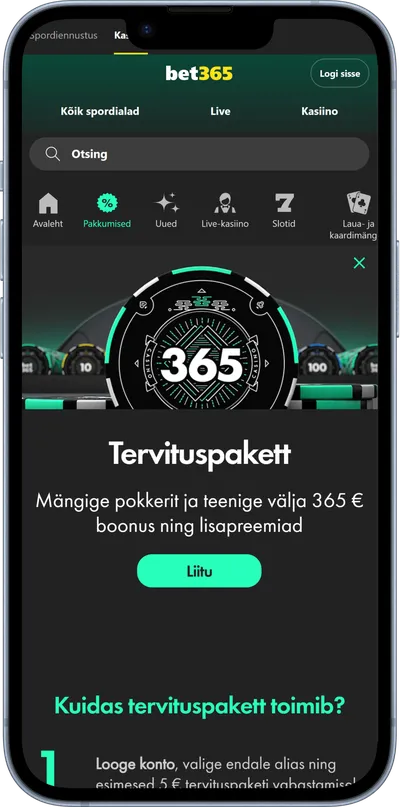 Bet365 kasiino mobiilne veebileht tervitusboonus