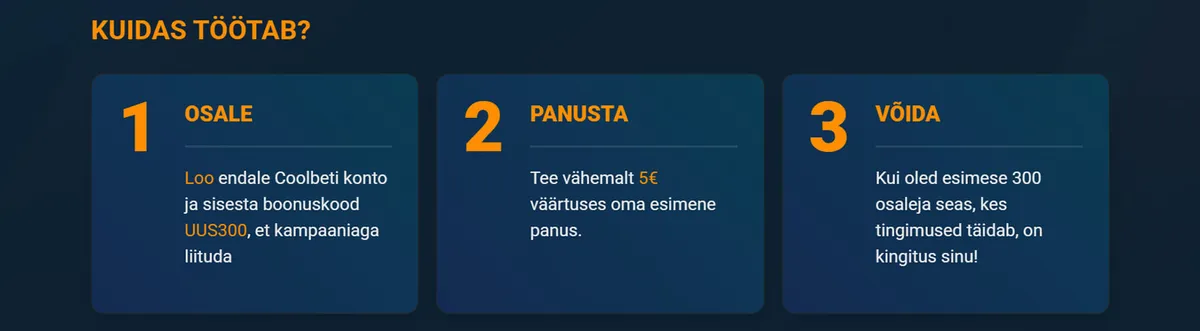 Coolbet kasiino 300 uue mängija kingituste loosi reeglid ja tingimused