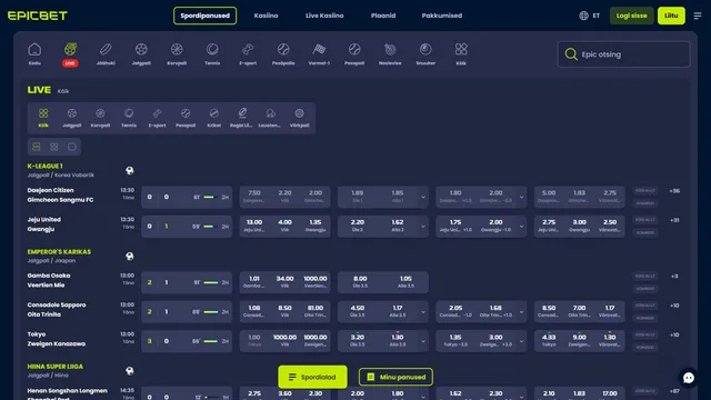 Epicbet Spordiennustus live panused
