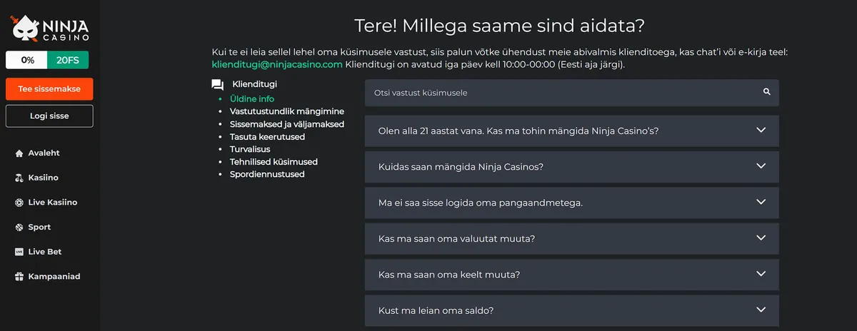 Ninja Casino klienditugi