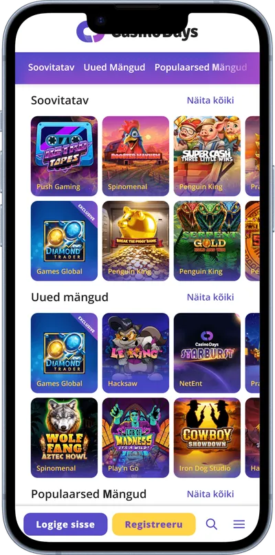 casinodays kasiino mobiilne veebileht slotid