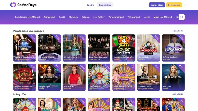 casinodays live kasiino mängud