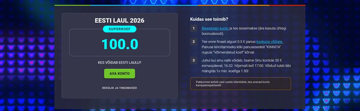 coolbet eesti laul 2026 superkoef 100 tingimused
