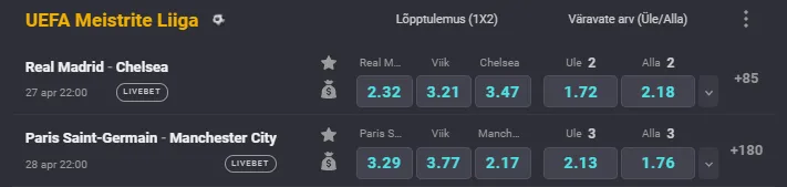 coolbet meistrite liiga mancity psgparis odds
