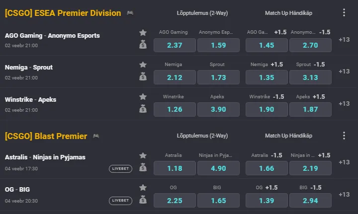 coolbet spordiennustus espordi panused