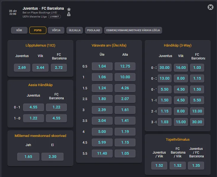 coolbet spordiennustus juventus barcelona mats