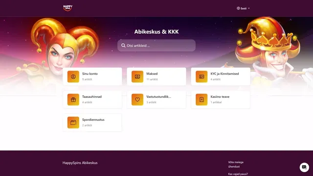 happyspins kasiino abikeskus ja KKK