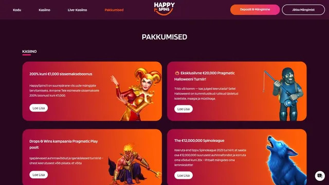 happyspins kasiino boonused ja pakkumised