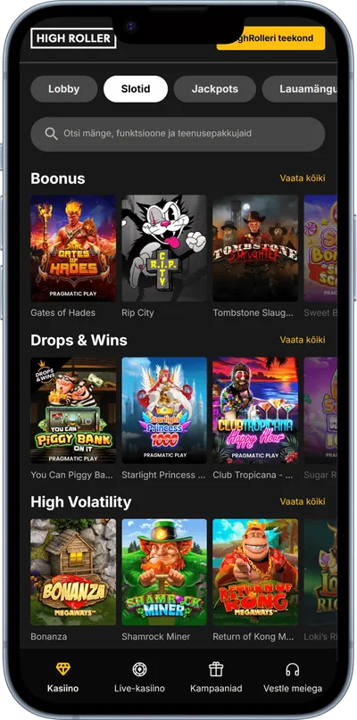 highroller kasiino mobiilne slotimängud