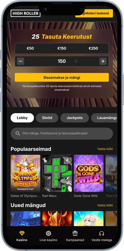 highroller kasiino mobiilne veebileht
