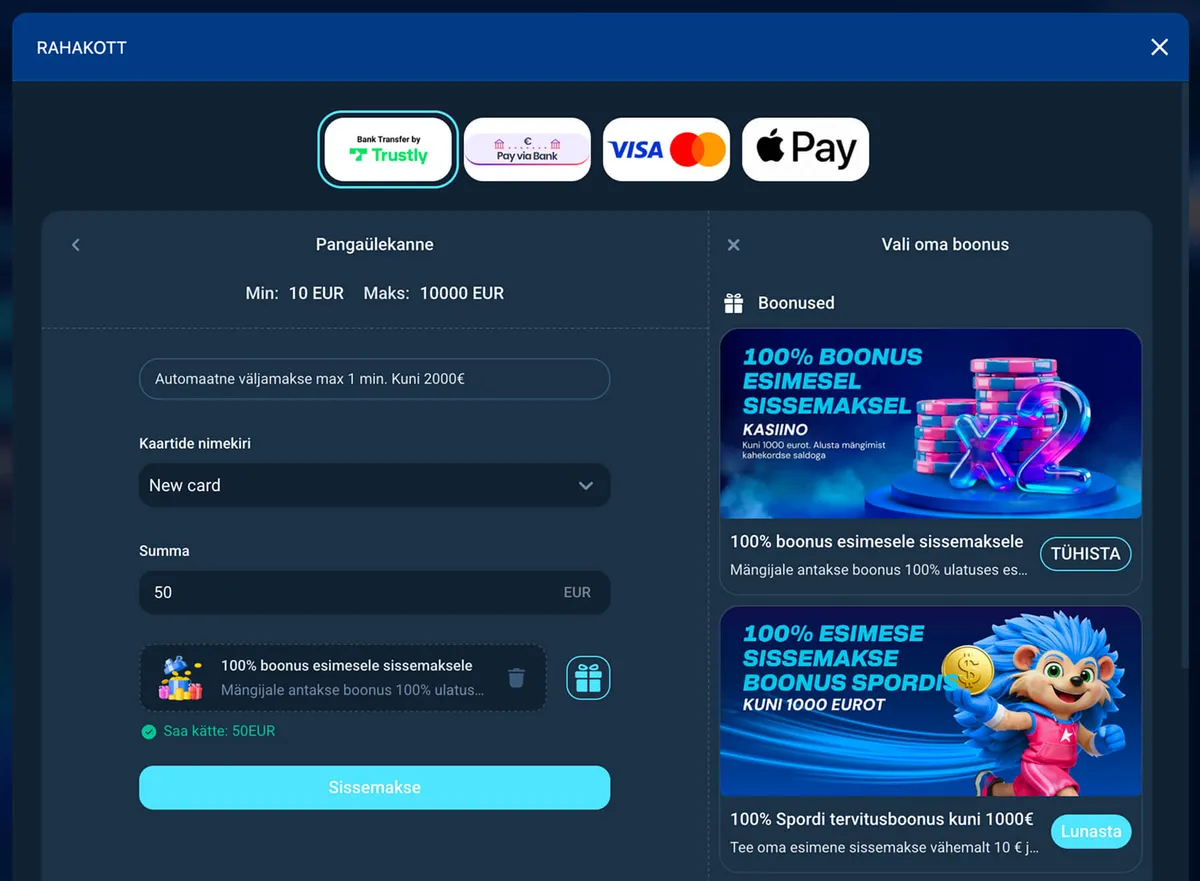 luckybet boonuse valik registreerimisel