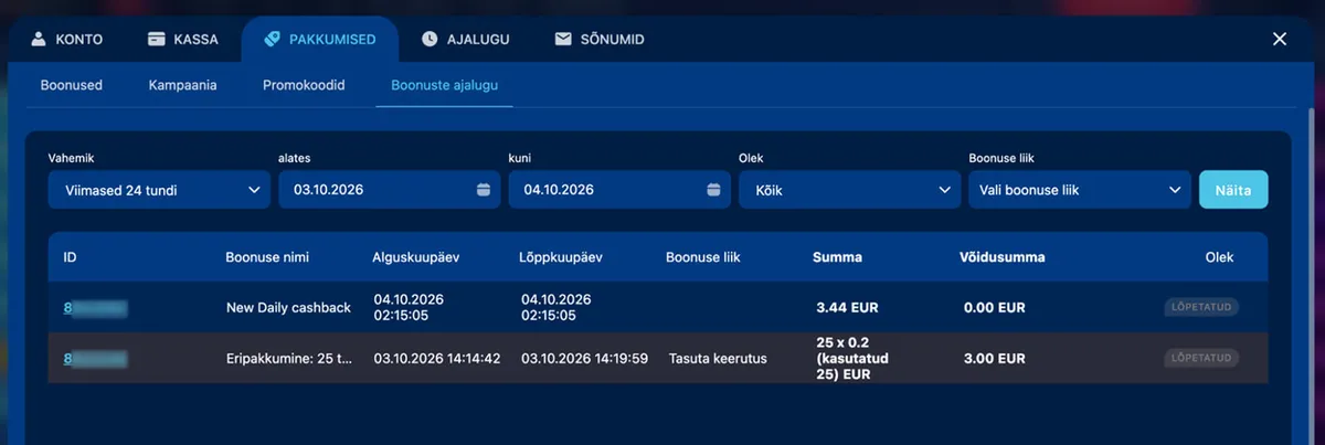 luckybet boonuste ajalugu ja cashback
