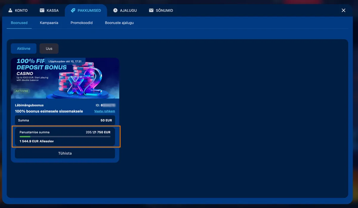 luckybet panustatud summa