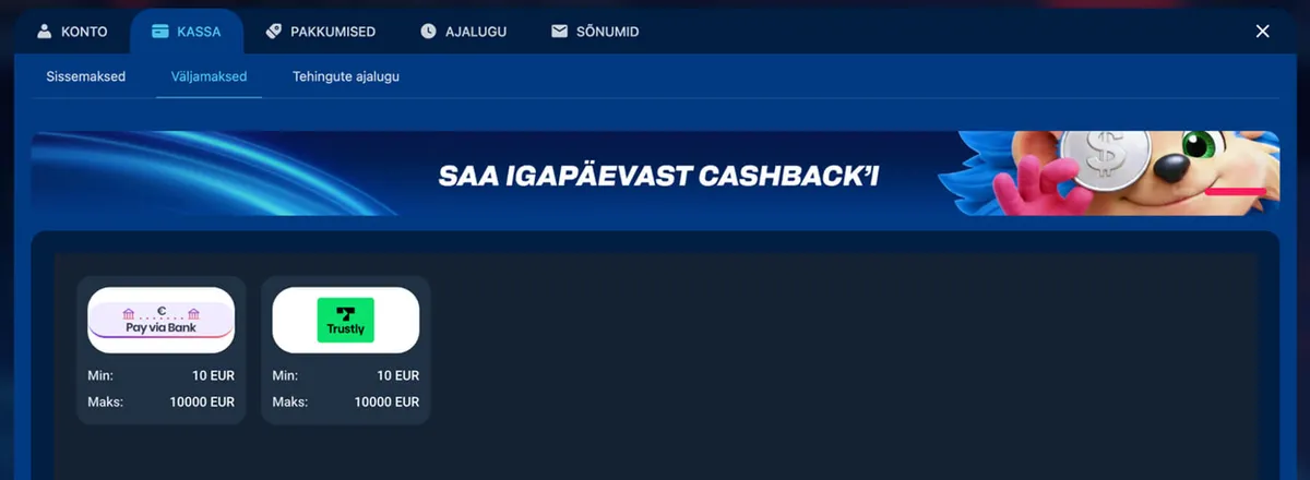 luckybet kassa ja väljamaksed