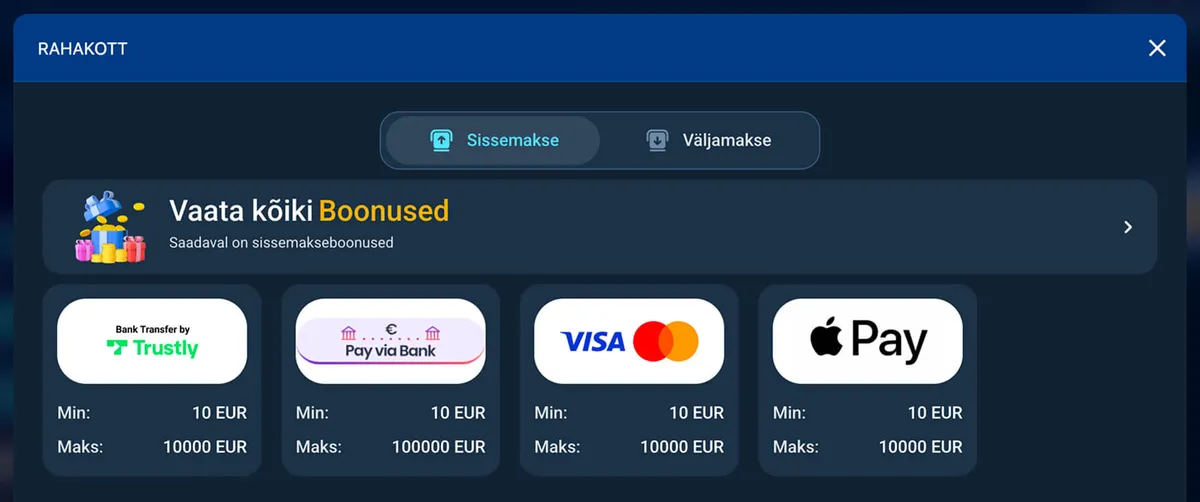 luckybet makseviiside valik ja rahakott