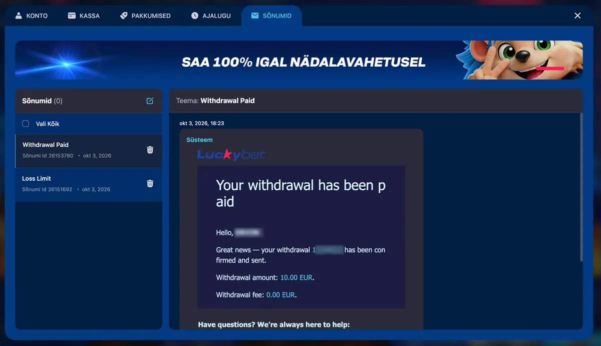 luckybet väljamakse kinnitus