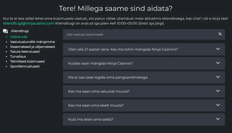 ninja casino eesti support