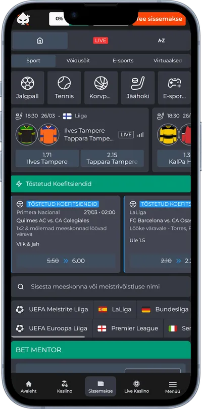 ninja kasiino mobiilne veebileht sport