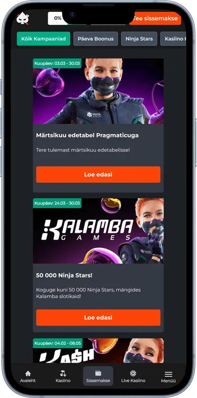 ninja mobiilne kasiino pakkumised