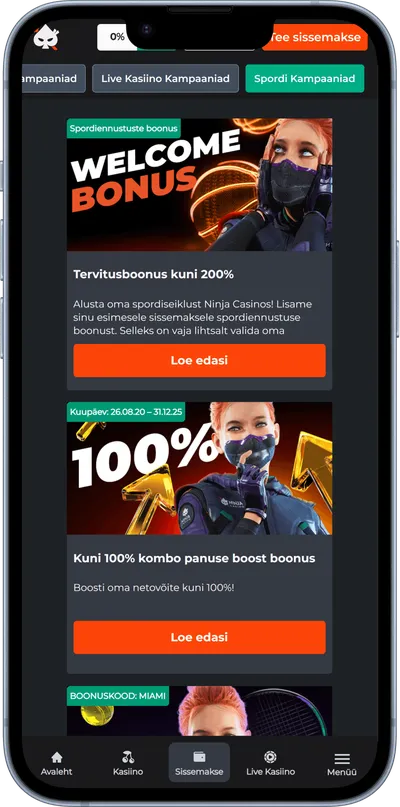 ninja mobiilne kasiino spordiennustus Boonused