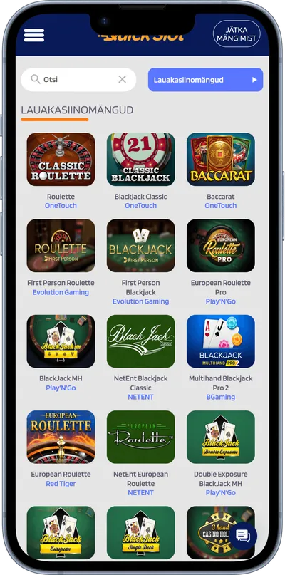 quickslot kasiino mobiilne veebileht lauamängud