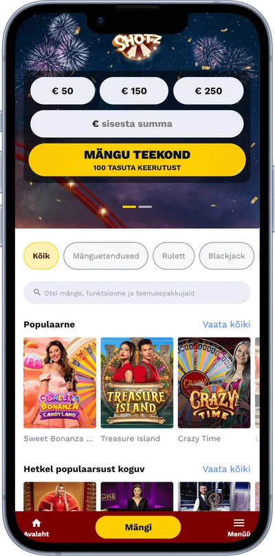 shotz mobiilne veebileht live mängud