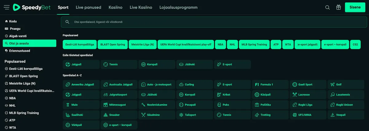 speedybet spordiennustuse spordialad