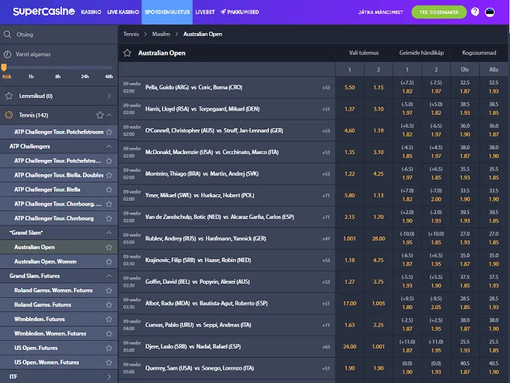 supercasino spordiennustus tennis panused