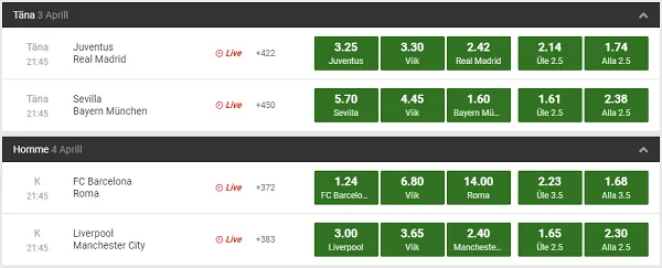 unibet spordiennustuse meistrite liiga veerandfinaalid