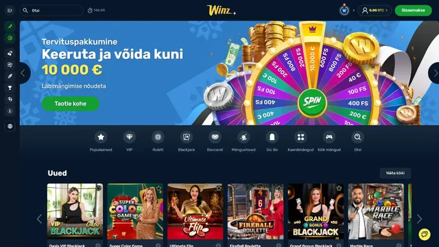 winz.io casino website screen