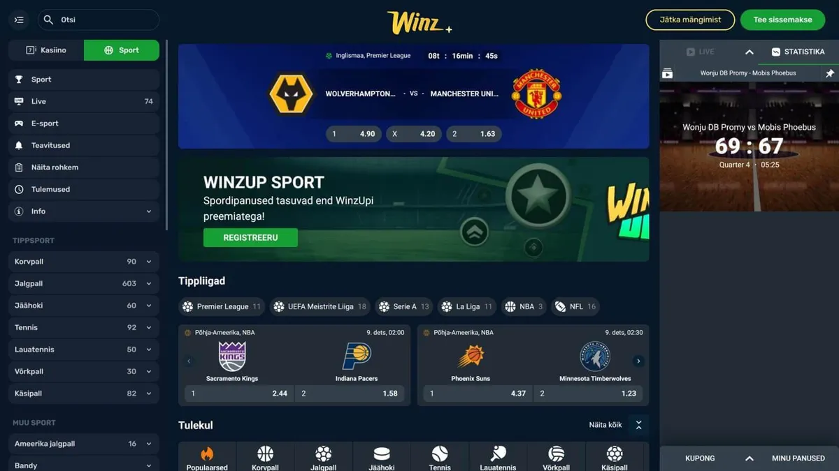 winz spordiennustuse veebileht