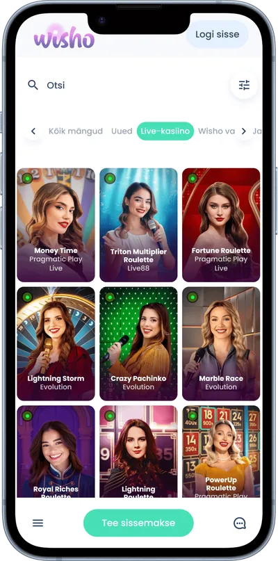 wisho kasiino mobiilne veebileht live mängud